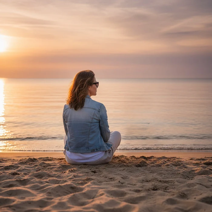 Gaya Levin seated on a beach at sunset